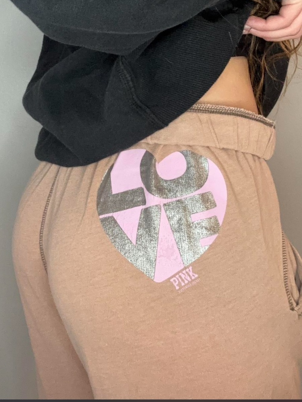 Y2K PINK Tan Wide Leg Lounge Pants With Love heart design size Medium